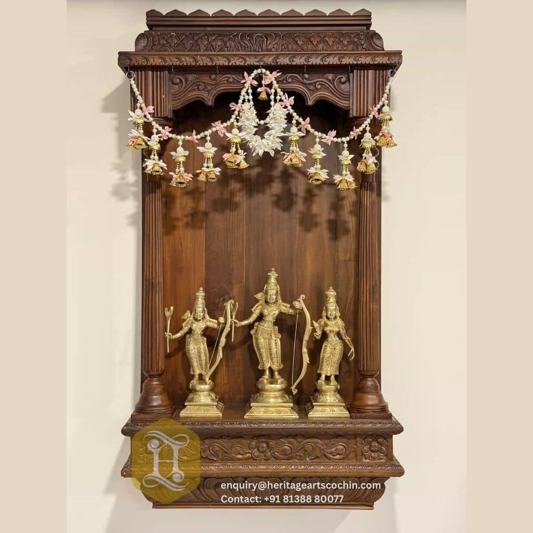Custom wooden pooja mandap with deity statues in Kochi