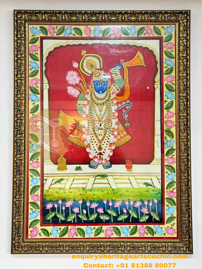 Traditional Indian painting in a floral wooden frame