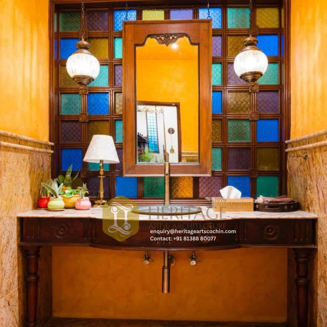 Luxury teak wood wash counter with glass mirror in Kochi