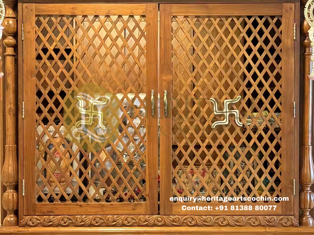 Traditional wooden pooja mandap with doors in Kochi