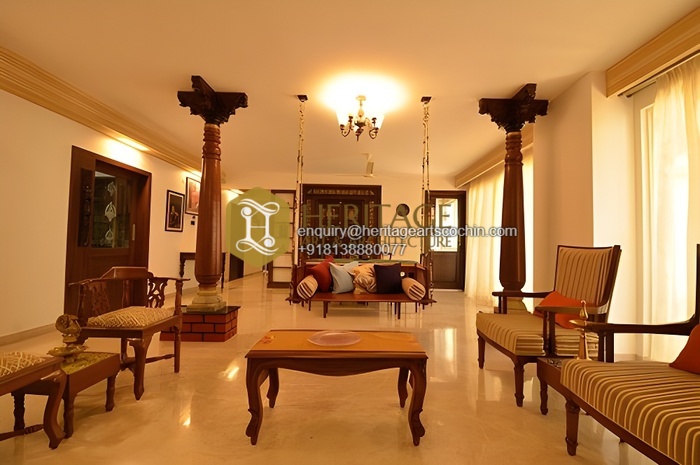 Traditional wooden pillar interior in Kerala