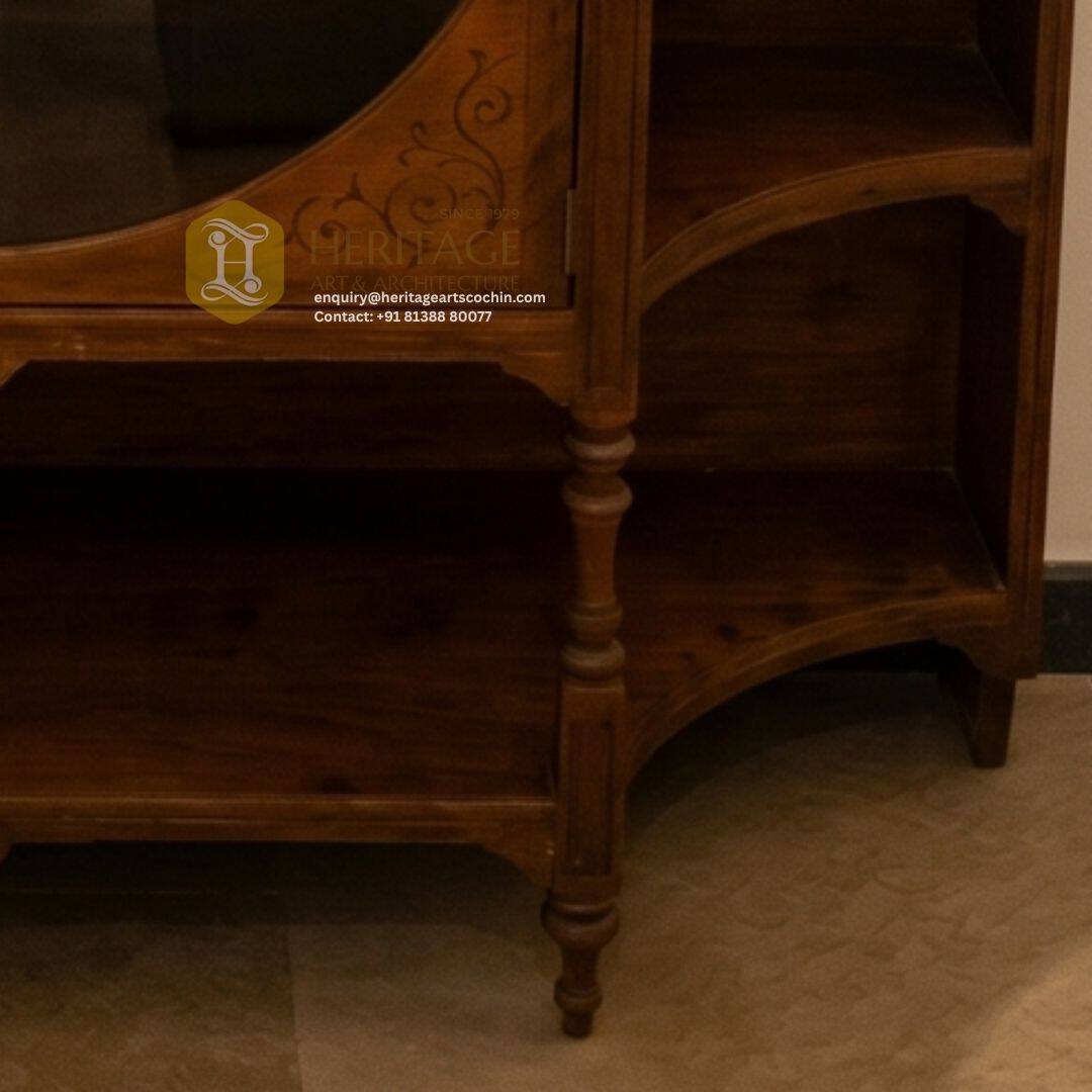 heritage-style living room wood shelf console in kerala