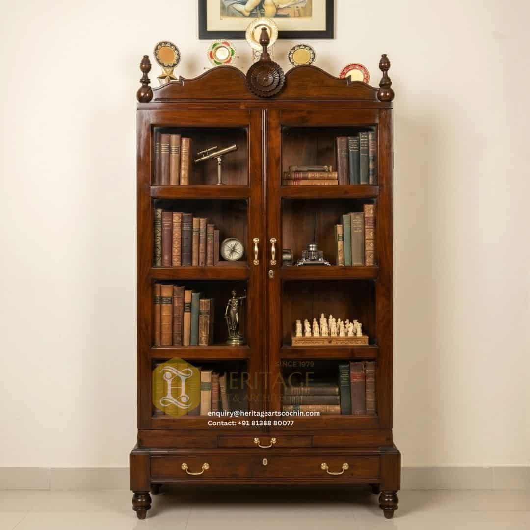 premium indian design living room wooden bookshelf in kochi