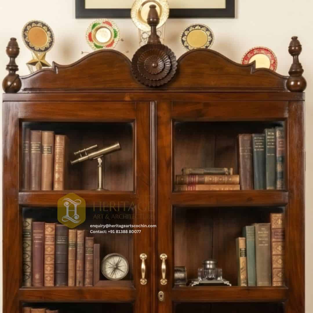 handcrafted living room wooden book shelf in kerala