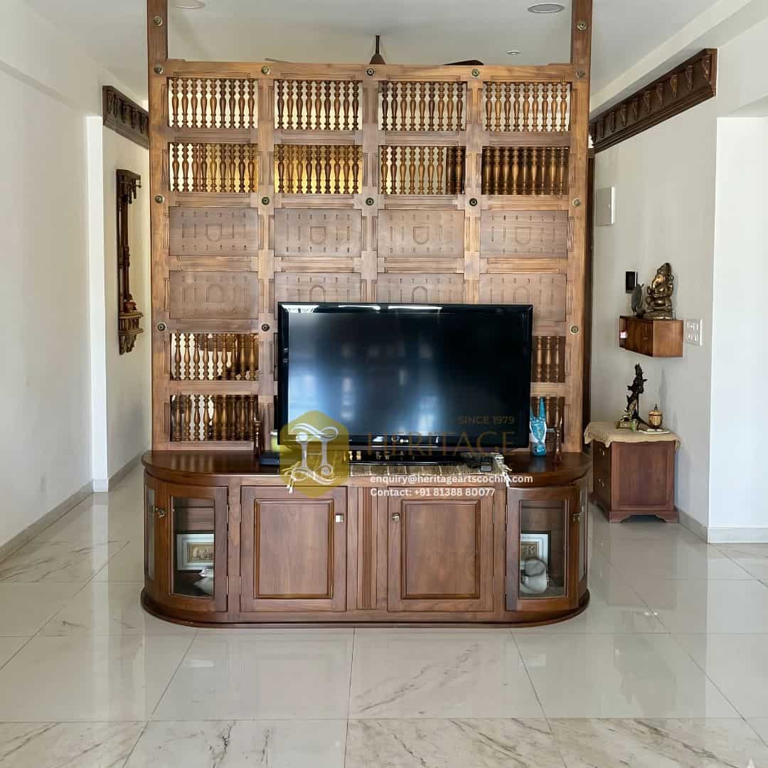 premium temple-style wooden living room tv unit in kerala