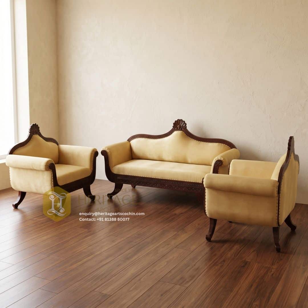 premium indian design carved wooden sofa set in kerala