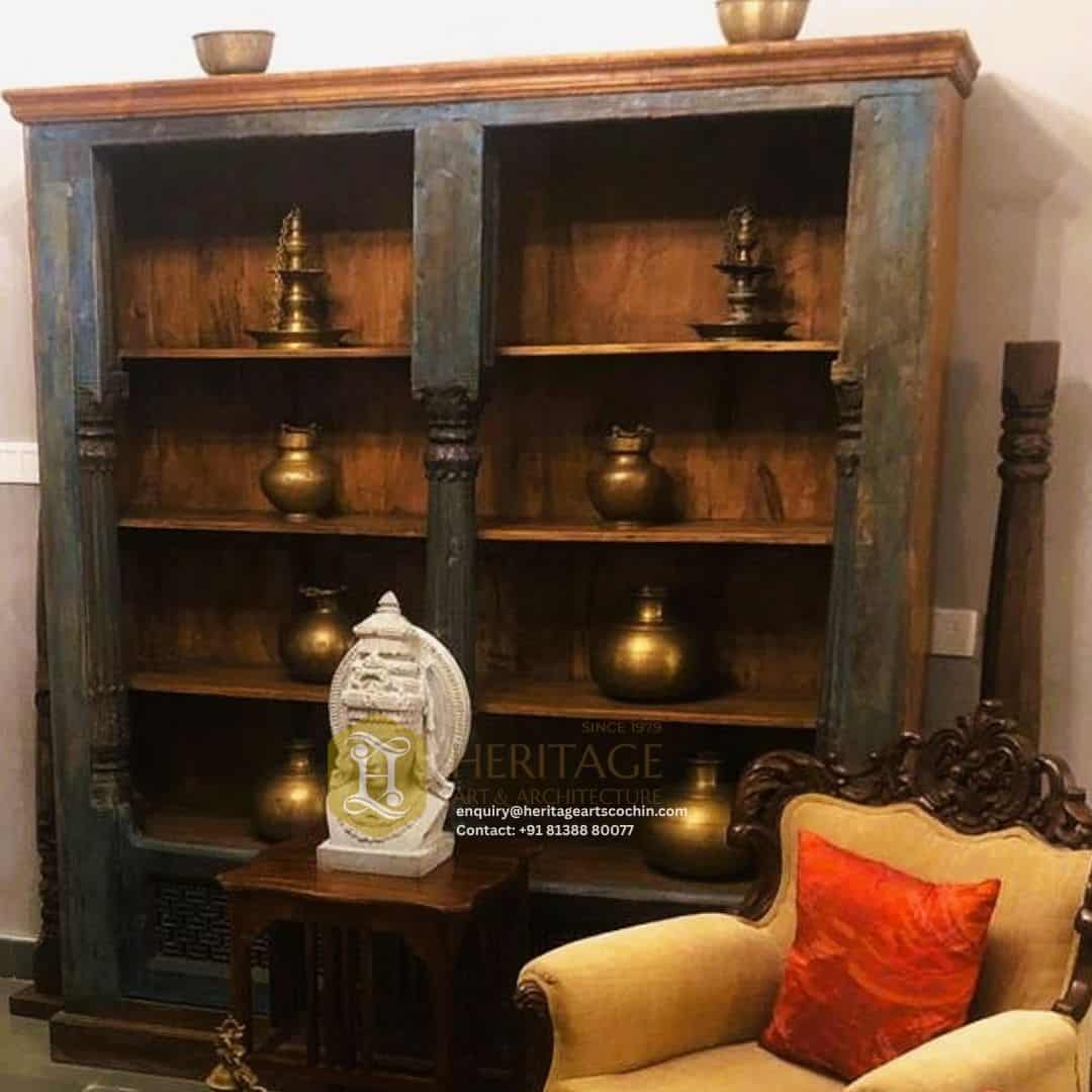 indian design antique wooden open shelf in kerala