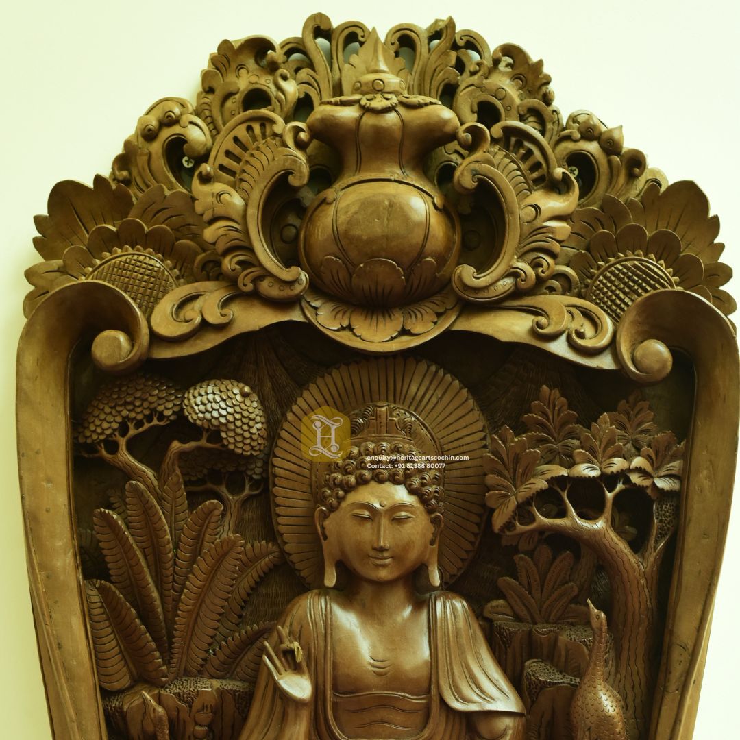 Traditional wooden wall decor with intricate carvings in Kerala
