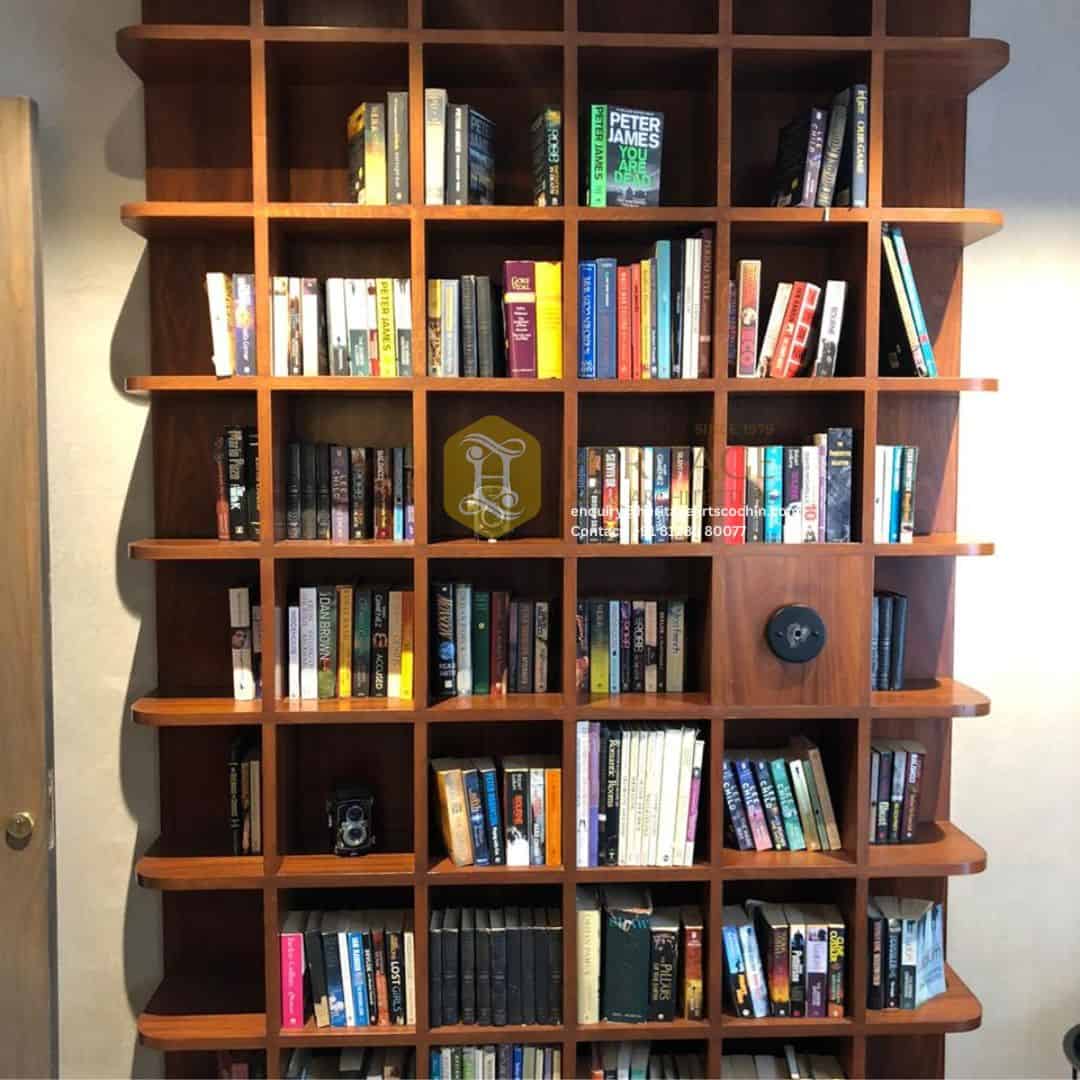 custom wooden bookshelf in kerala