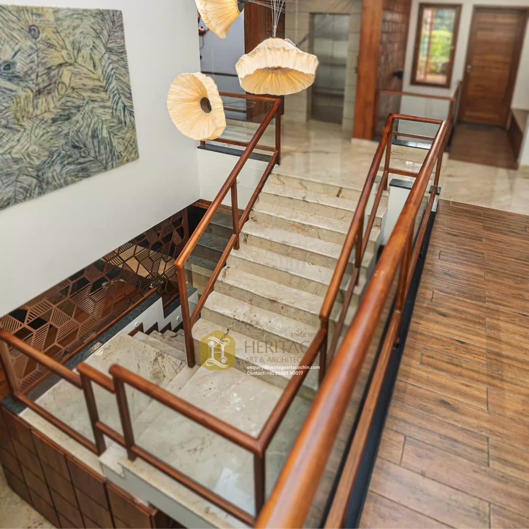 luxury indoor glass staircase railing kerala