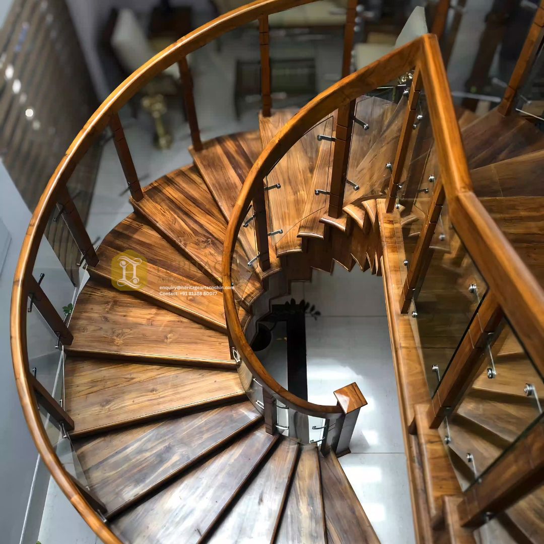 custom curved wooden staircase in kerala