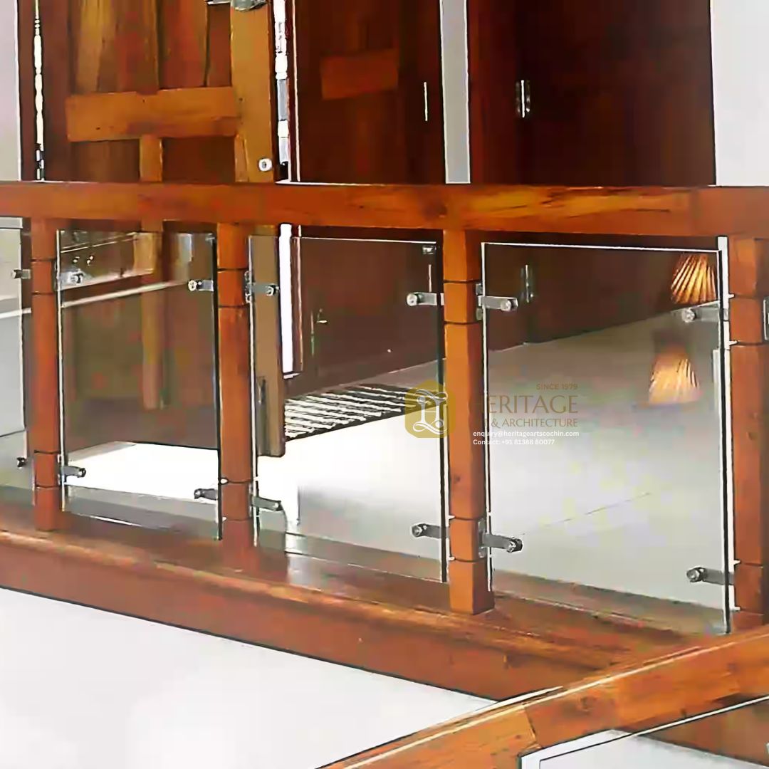 premium indoor wood and glass railing design in kerala